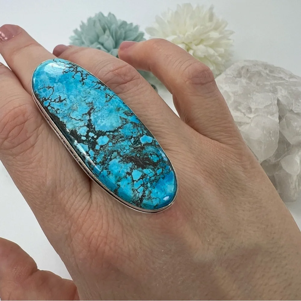 *SOLD* Long Chunky Turquoise Ring Size 11 New Sterling Silver 925 - Picture 4 of 10
